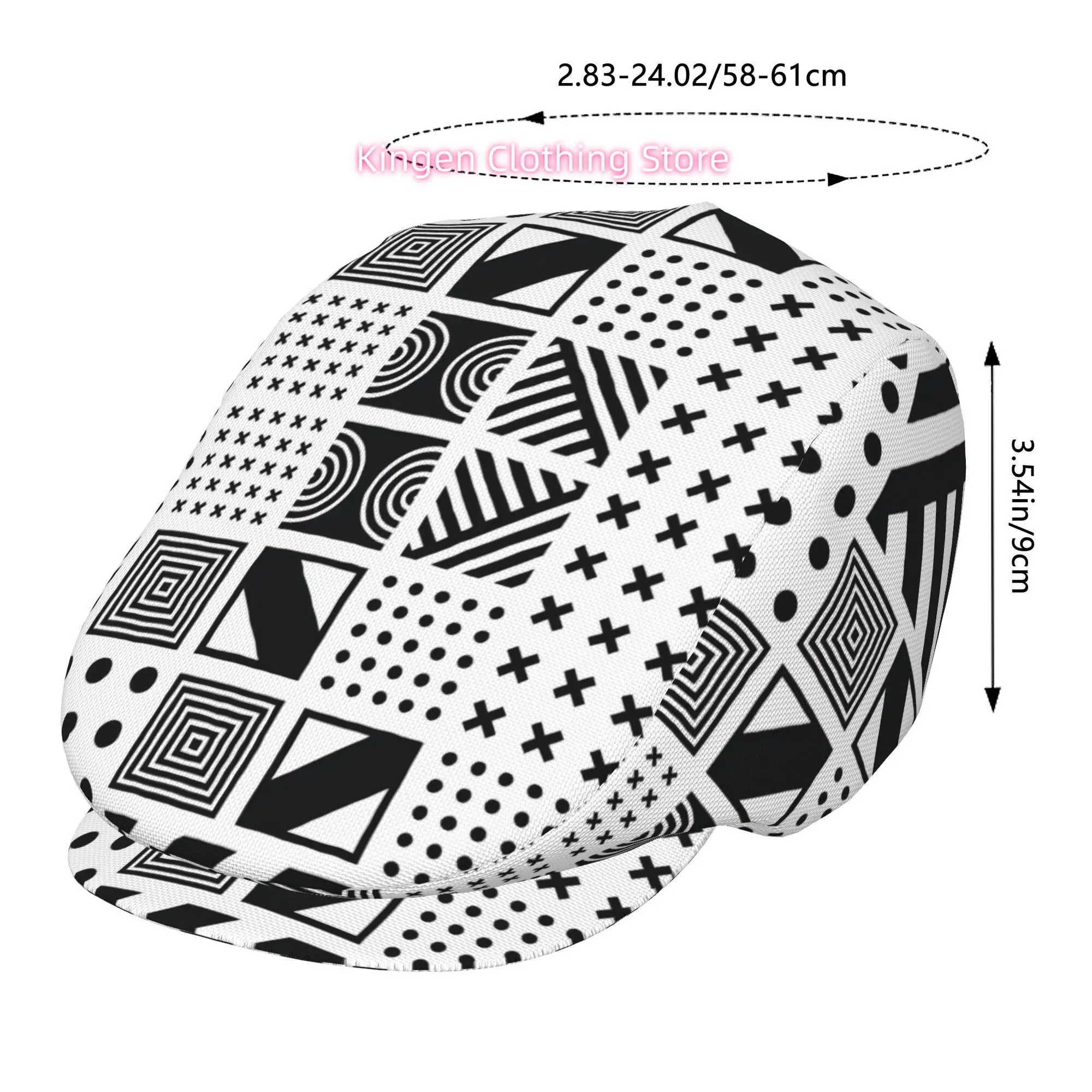 A Fully Printed Adjustable Flat Cap Featuring a Black And White Geometric Collage of Men And Women, Styled As a Newsboy Beret, I