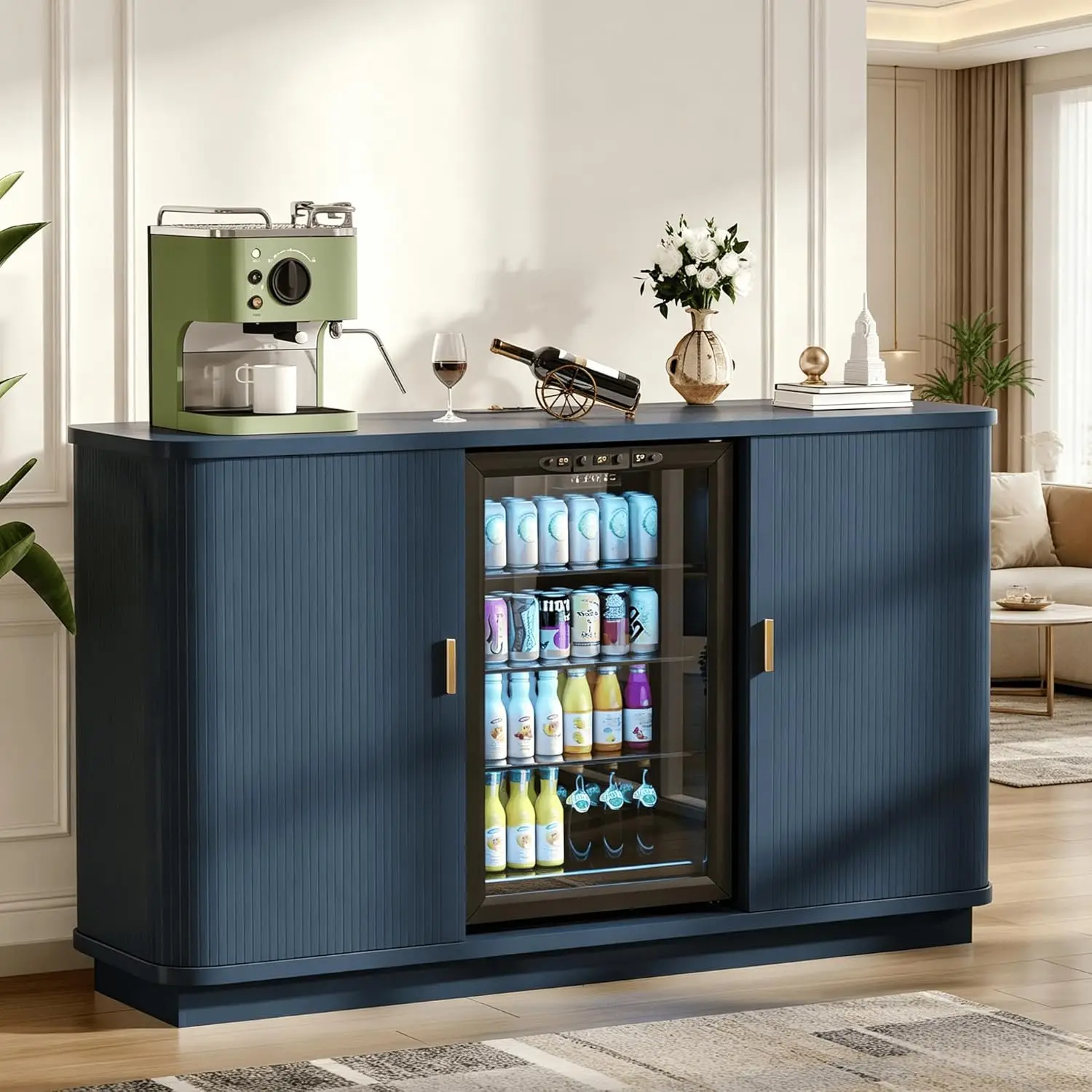 

Coffee Bar Cabinet with Fridge Space, Liquor Wine Bar Cabinets with Wine Rack and Glass Holder, Mini Fridge Cabinet, Customized