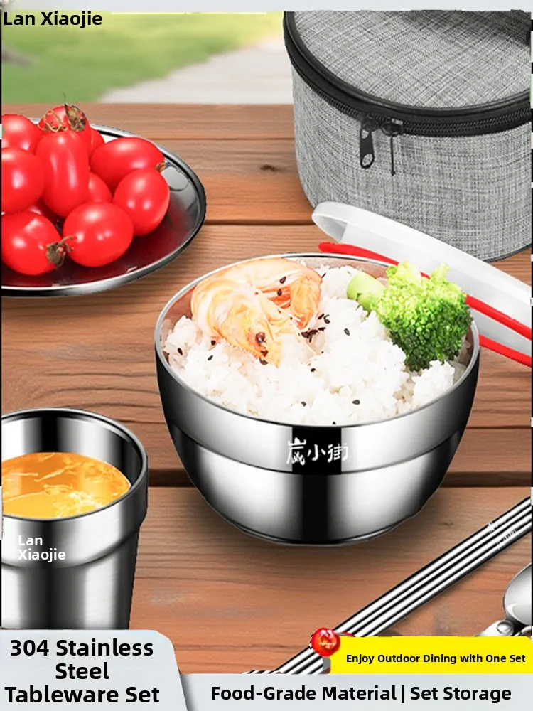 

Portable Camping Dining Set 304 Stainless Steel Outdoor Picnic Utensils Bowl Spoon Fork Plate Durable Reusable Kitchenware