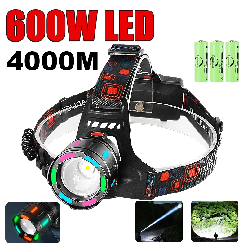 

600W LED Headlamp Most Powerful Long Range Head Flashlight Rechargeable Lamp Outdoor Fishing Lantern Waterproof Headlight Patrol