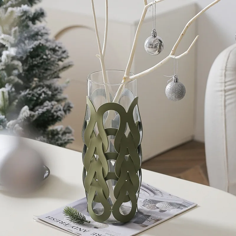 Knitted Leather Hollow Glass Vase, Straight Tube Glass Vase