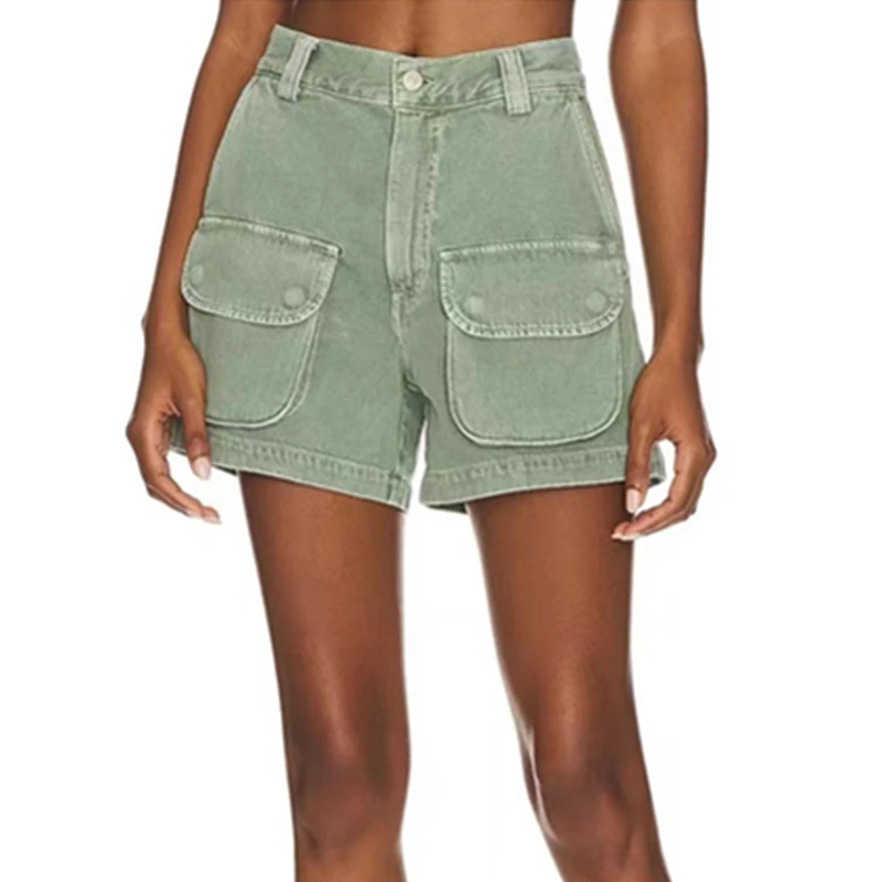 Maxdutti 2026 French Style Minimalist Military Green High Waisted Loose Organ Poackets Workwear Denim Shorts Cargo Pants Bemuda