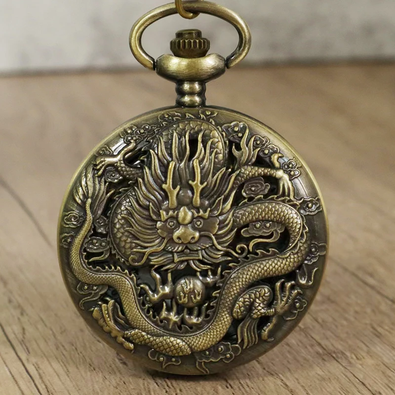 Antique Dragon Quartz Pocket Watch Men Women Kids Necklace Carving Engraved Pendant Fob Chain Steampunk Pendant Clock Wholesale