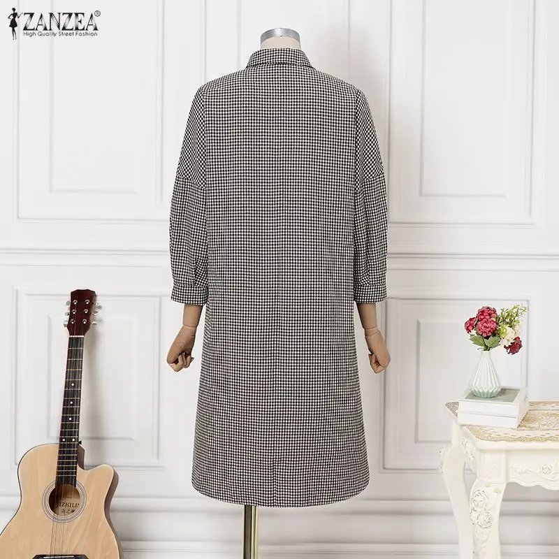 

ZANZEA модные женские длинные рубашки клетчатая блузка с рукавами 3/4, весна 2026, повседневная свободная элегантная офисная женская блузка с лацканами