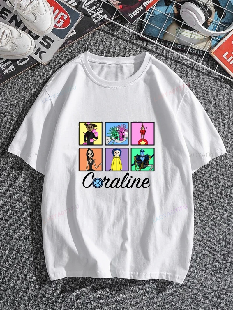 Classic Anime Film Coraline Pattern Print Fashion T-shirt, Unisex Street Casual Wear, Spring/summer Short-sleeved Cotton T-shirt