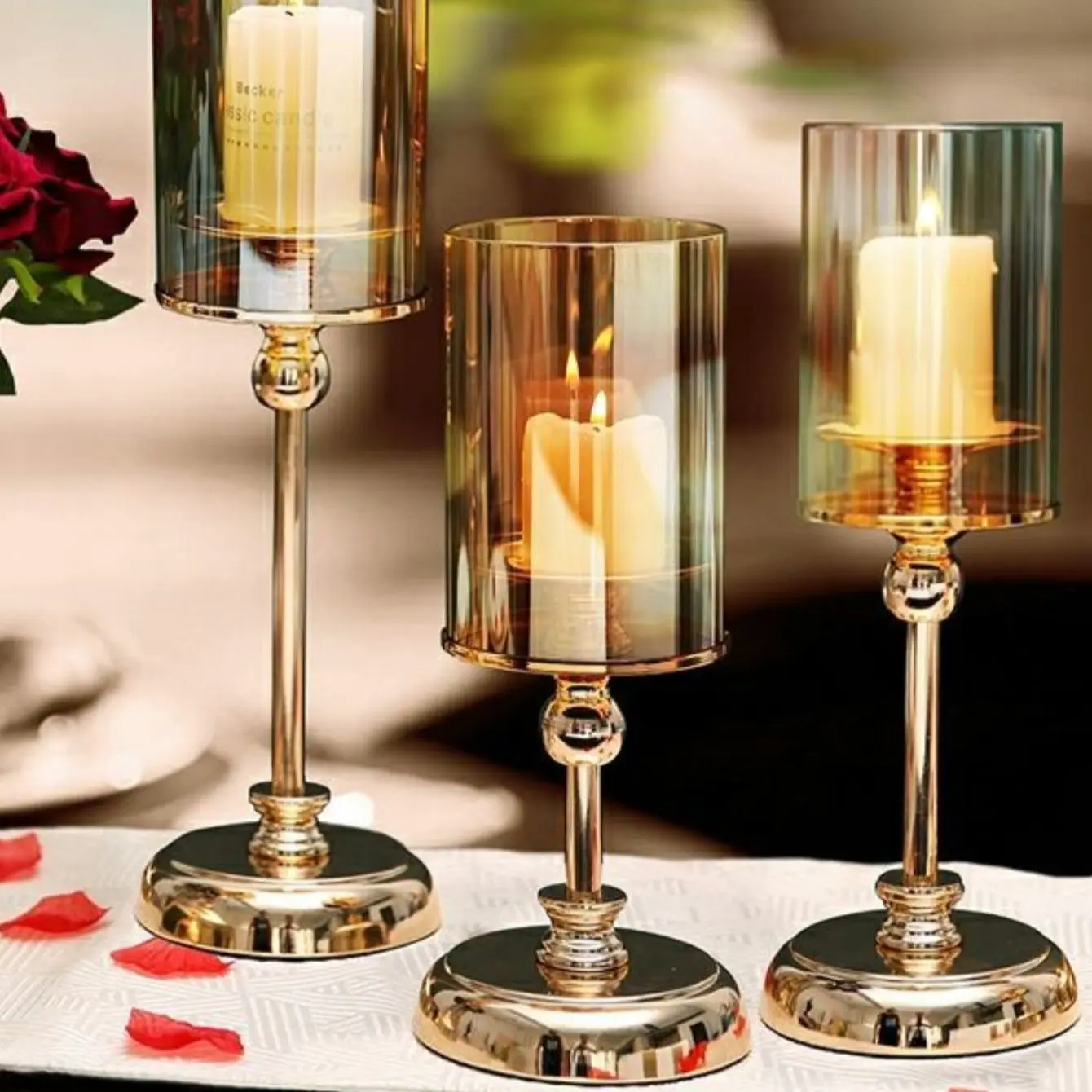 1pc Golden Glass Candle Holders for Pillar Candle Candlestick for Dining Coffee Table Wedding Events Parties Home Decor