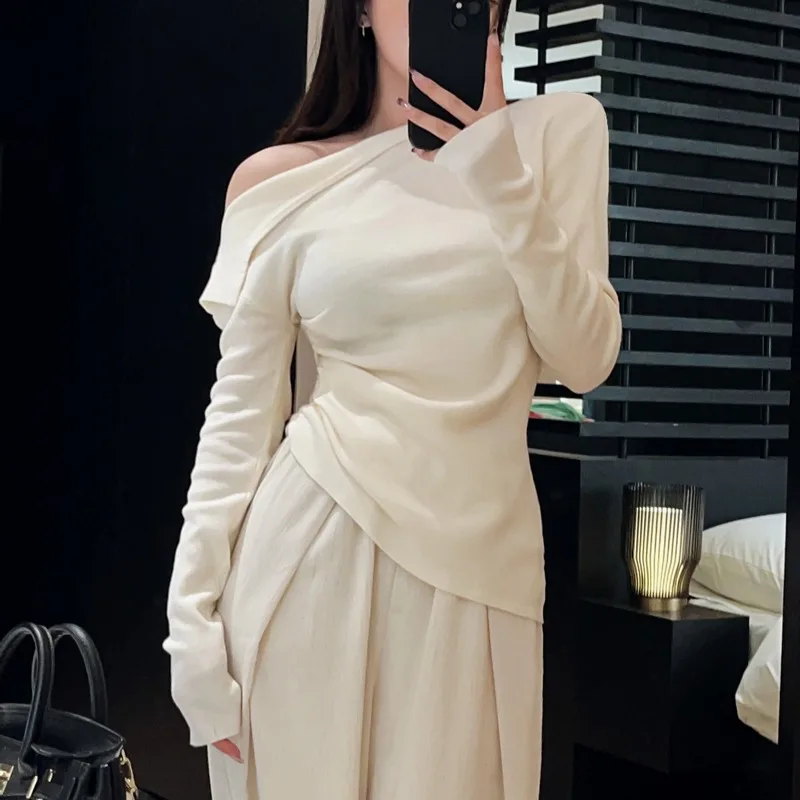 Pullovers Women Irregular Oblique Shoulder Slim Fit Stylish Folds Design Trendy Solid Y2k Sweaters Korean Fashion Basic Inner