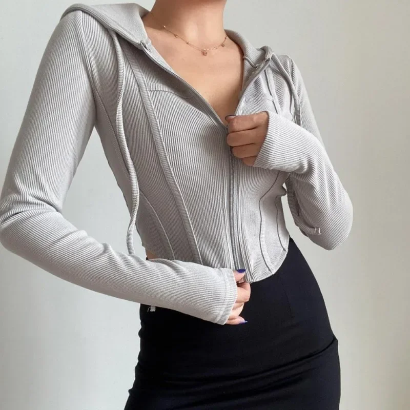 

Streetwear Slim Fit Cropped Jacket Women Korean Fashion Long Sleeve Hooded Crop Top Woman Ribbed Zipper Up Sweatshirt Mujer 후드티