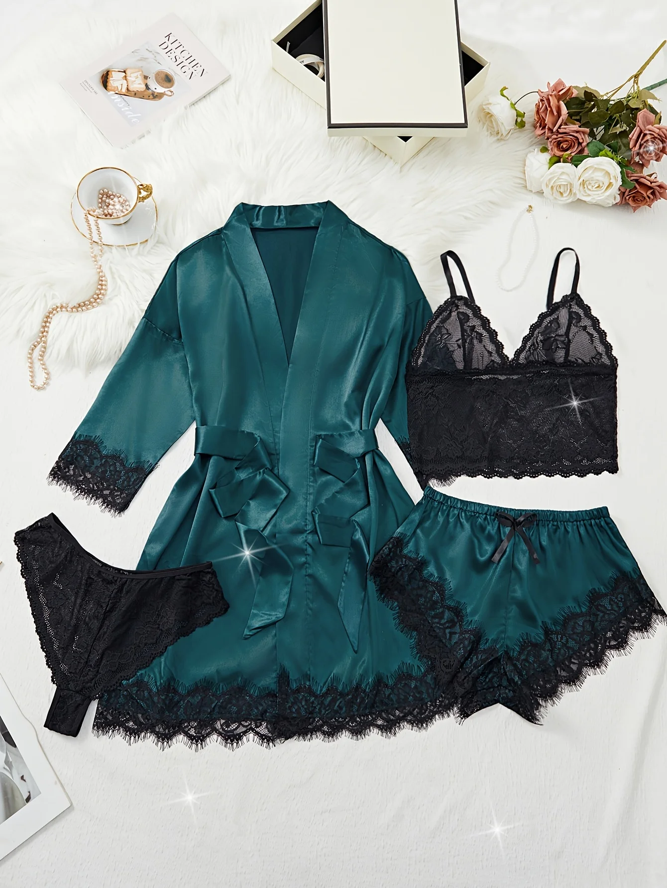 New Fashion Robe Lingerie Set Black Lace Bralette Thong Shorts Women\'s Luxury Sleepwear Nightwear Elegant Sexy Gift Bridal