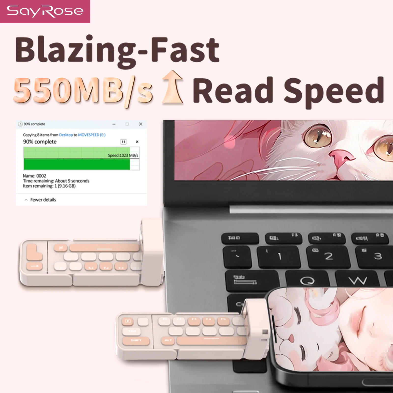 SayRose UB02 Cute Mini Keyboard Style Solid State Flash Drive USB3.2 Gen2 Dual USB A Type C Zinc Alloy 1TB High Speed External Storage For IPhone Laptop Desktop Girls Gift