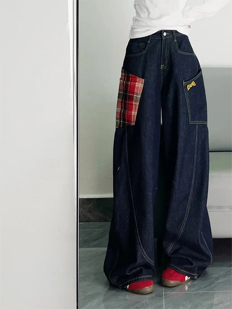 

Американские ретро широкие джинсы с ножом для мужчин и женщин, летние клетчатые лоскутные брюки с прямыми штанинами High Street