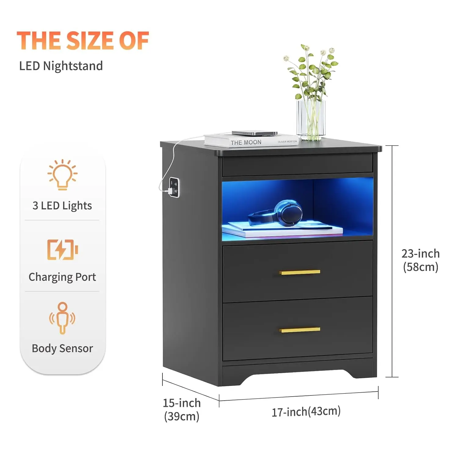 Lockable Nightstand With Gun Drawer, 3-Color LED & Charging Station, Customized