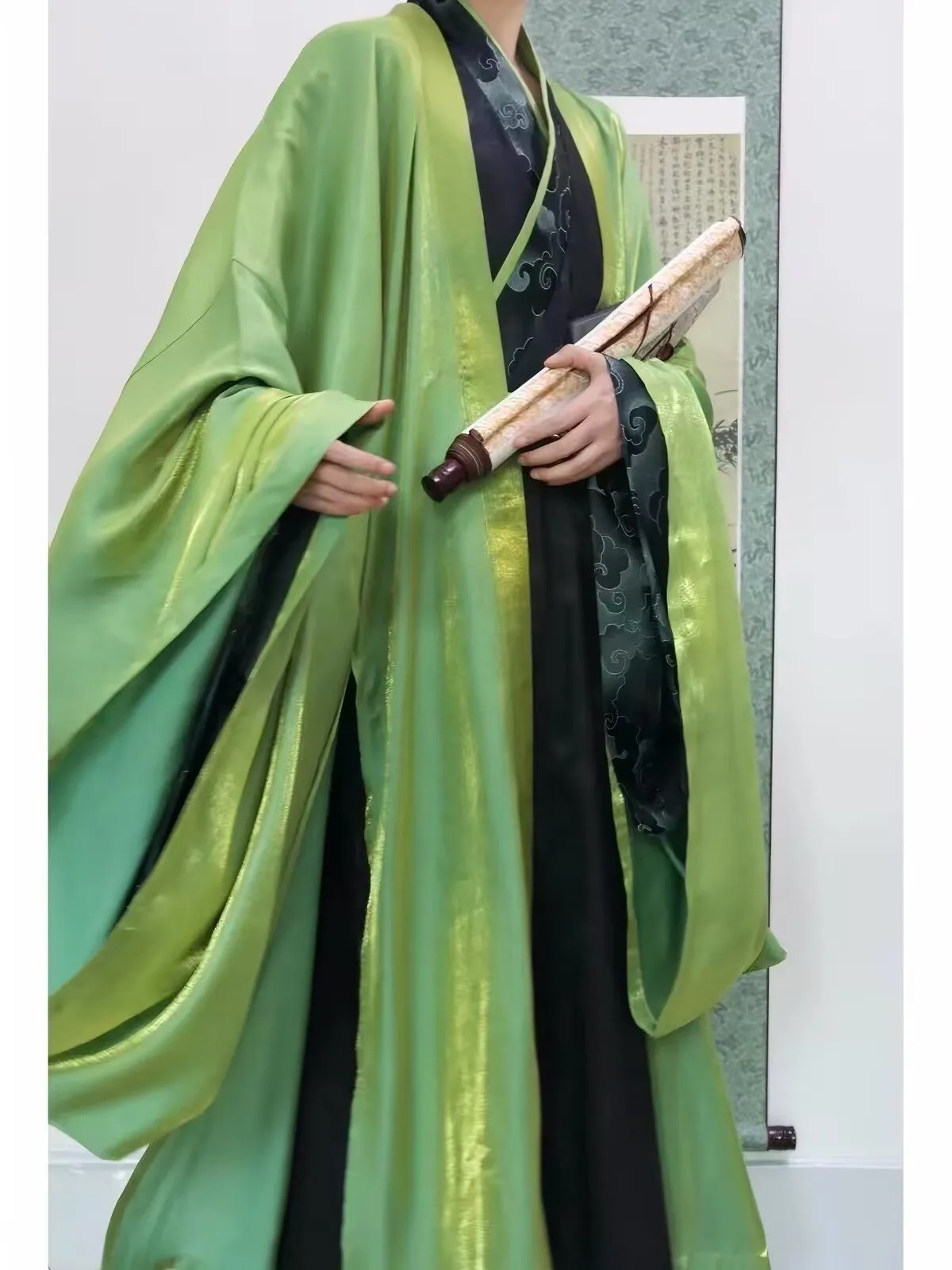chaqueta-exterior-hanfu-de-la-dinastia-ming-para-hombre-verde-con-tejido-jacquard-de-bambu-dorado-manga-ancha-traje-tradicional-chino-antiguo