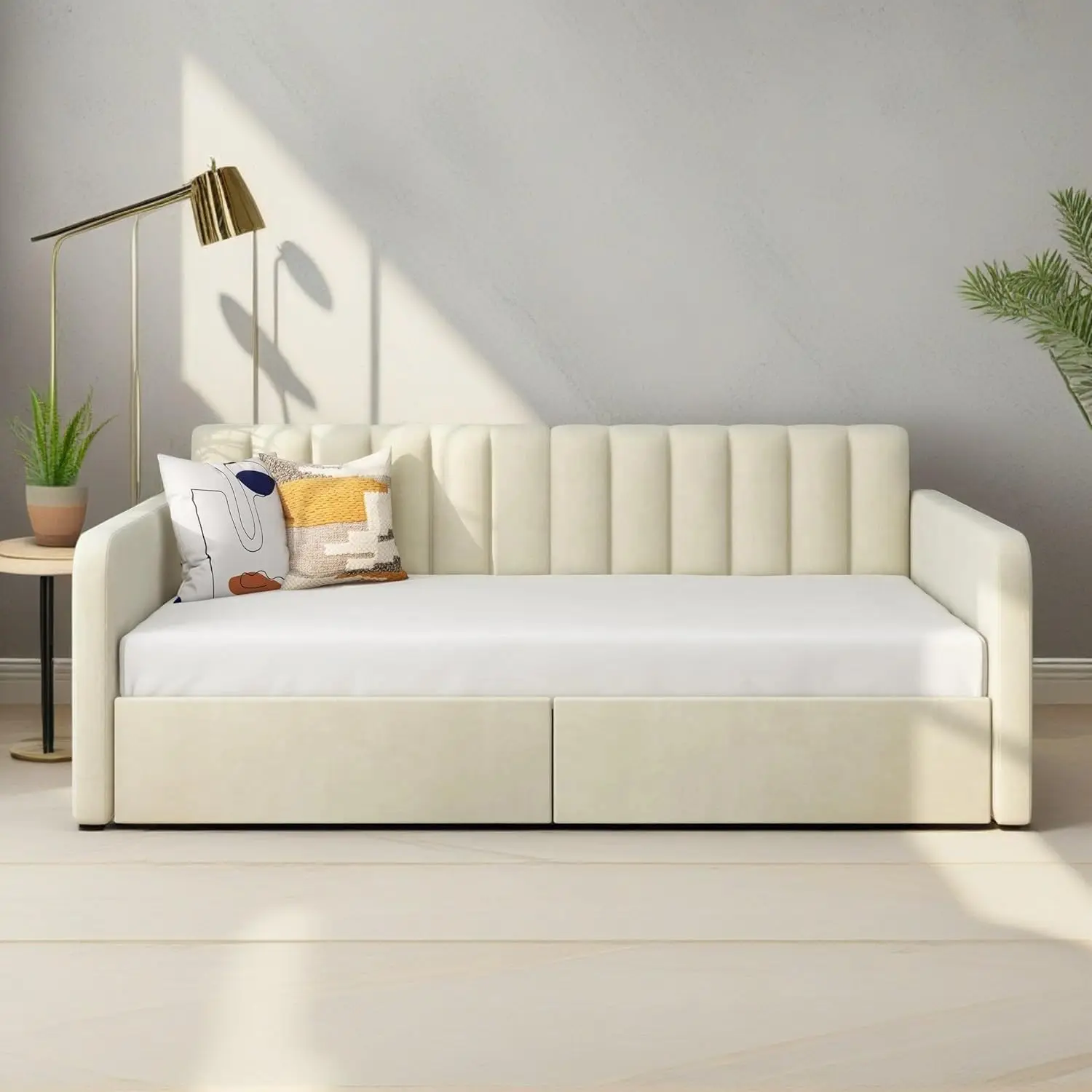 Twin Size Upholstered Daybed with 2 Drawers, Futon Sofa Bed with Storage, Ribbed Tufted Backrest Lavish Modern, Customized