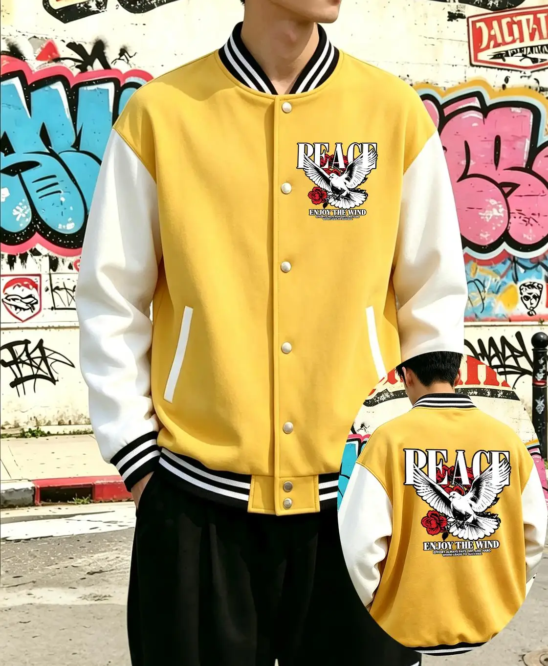 Peace Dove Rose Enjoy The Wind Print Men'S Jacket Y2K American Baseball Uniform Cotton Loose Clothes Autumn Colorful Sportswear