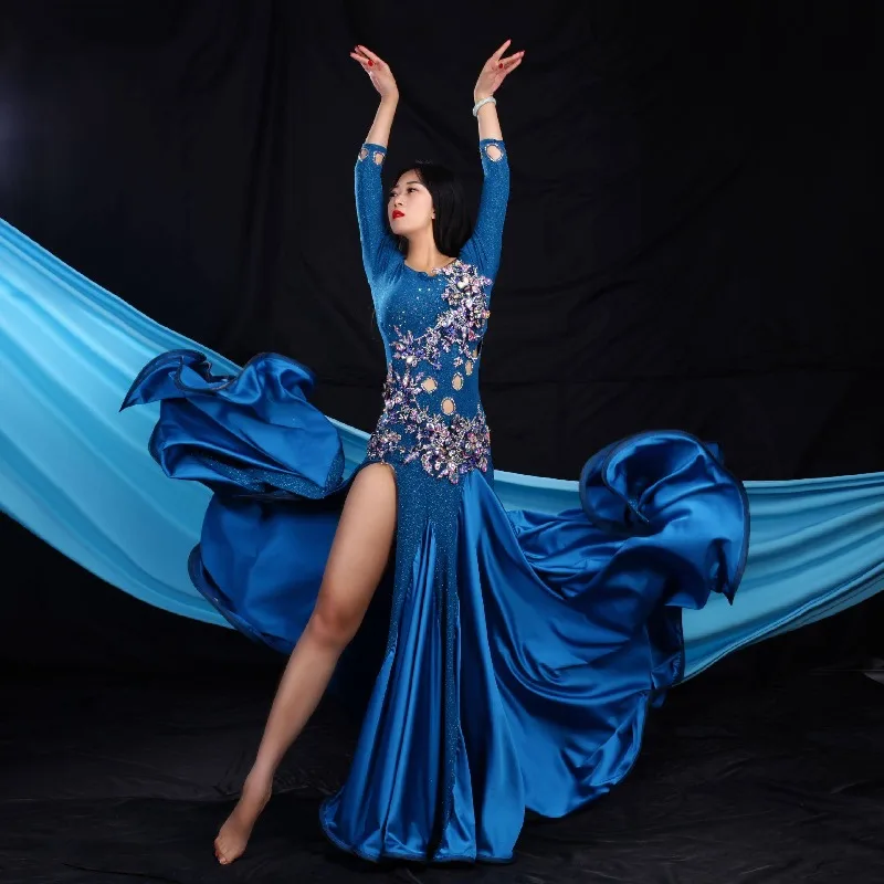 Customized Oriental Dance Clothing Performance Costume One Piece Bareback Heavy Duty Belly Covering Long Dress bellydance wear
