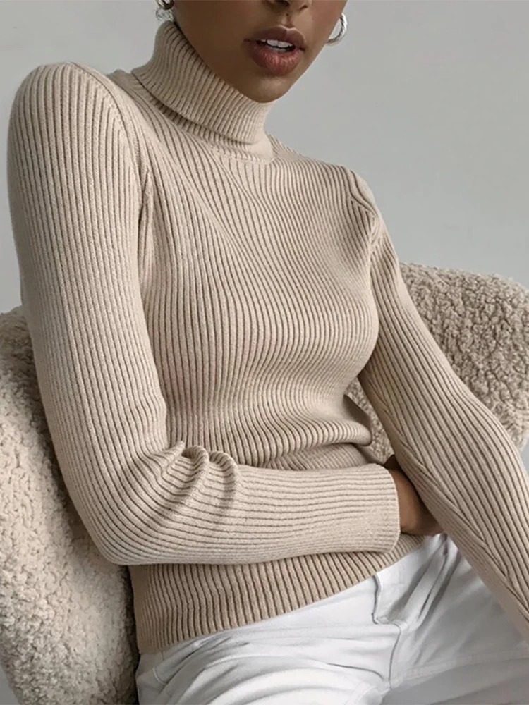 TRAF sweter rajut wanita, Turtleneck kasual lembut kasmir pullover elastis jumper rajut ramping Sweater dasar untuk wanita musim dingin TRAF