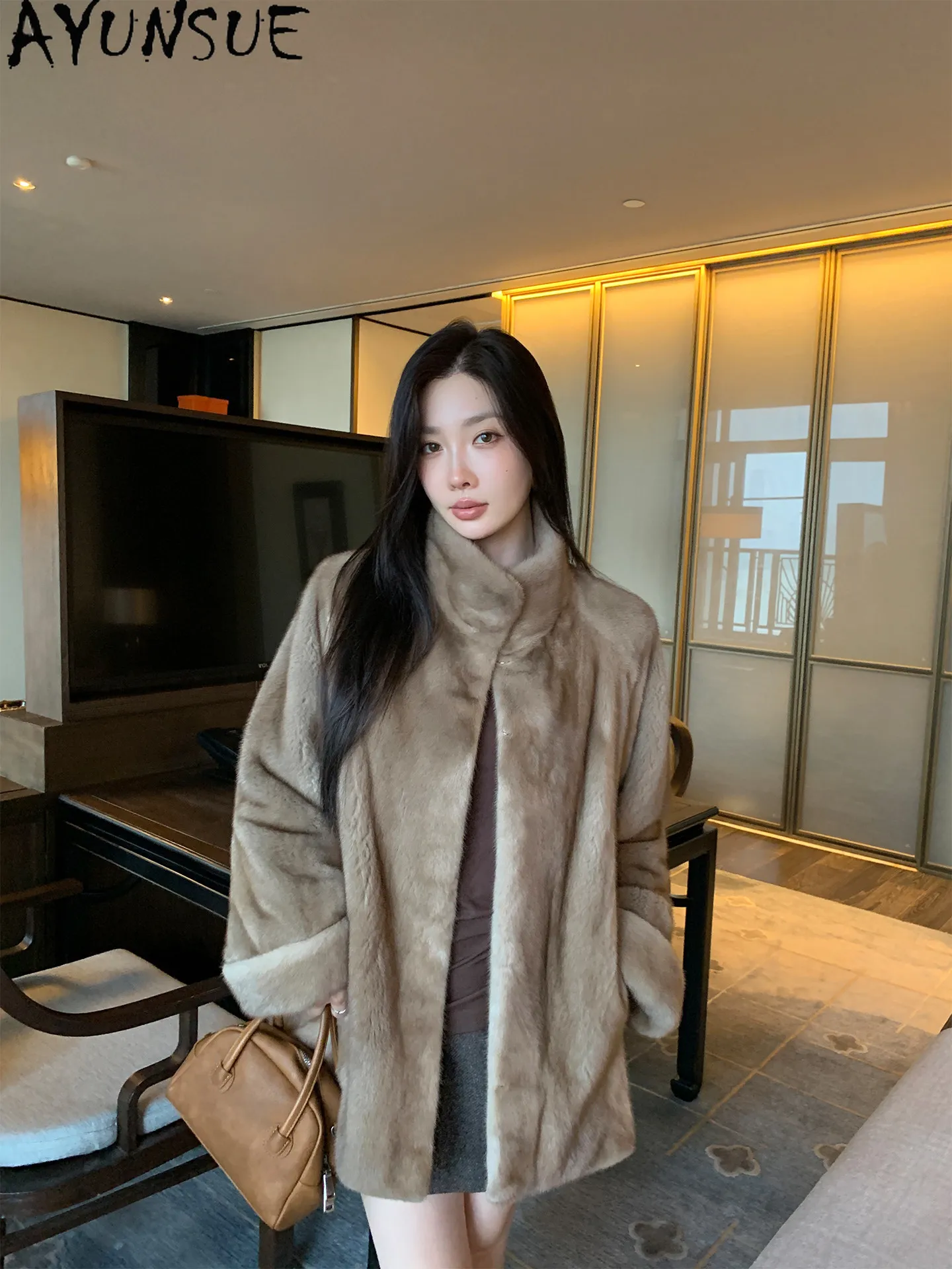 AYUSNUE Natural Mink Fur Coat Women Clothing Swan Velvet Elegant Winter Jacket Woman Loose Purple Label Шуба Натуральный Мех