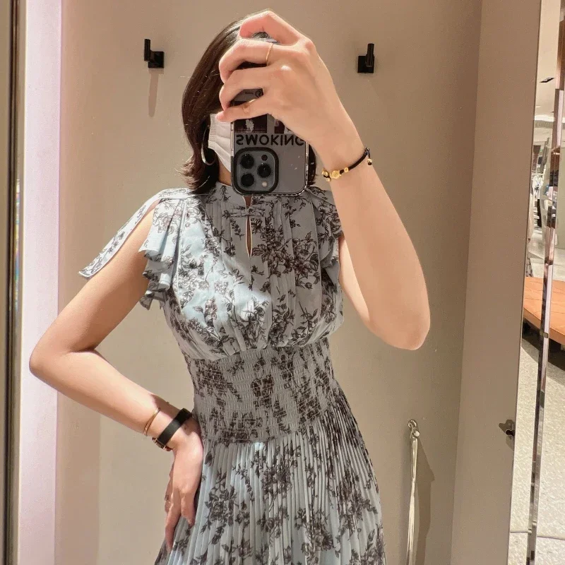 

Neploe Elegant Strench Craped Slim Fit Vestidos Summer Japan Style Floral Print Dress Flying Sleeves Lace Up High Waist Robe