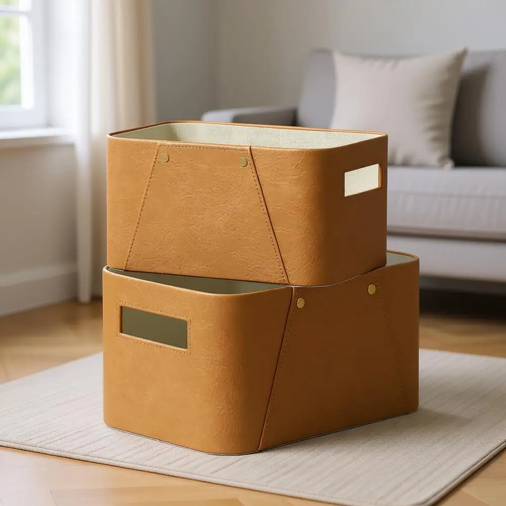 

2 Pack Premium Brown Vegan Leather Storage Cubes, Elegant Closet Organizer