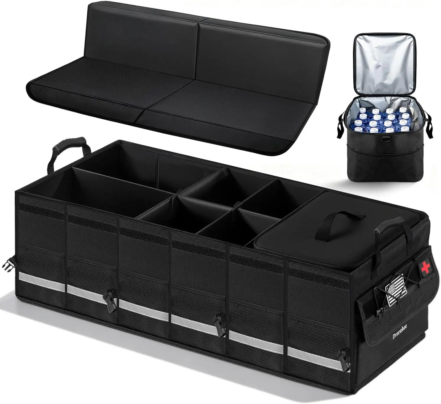 

100L Car Trunk Organizer with Foldable Lid, Removable Cooler Bag, MOLLE Panel Pouch, Reflective Triangle, Adjustable Divider