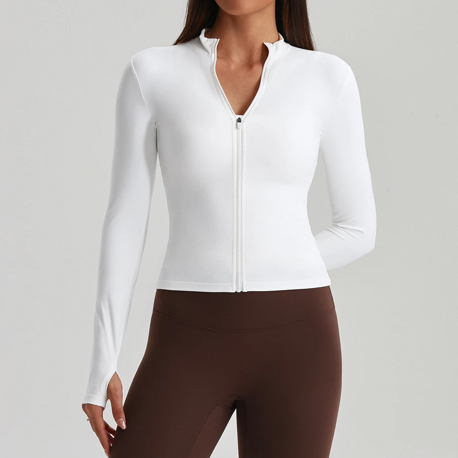 Women Full Zip Cropped Yoga Jacket Quick Dry Slim Fit Pilates Workout Long Sleeve Athletic Top with Thumb Hole