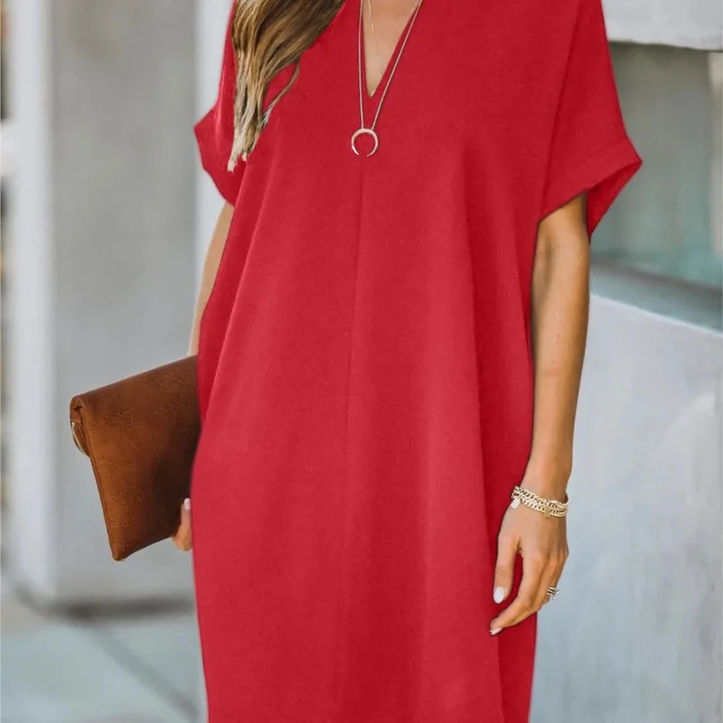 Abito da donna ampio con scollo a V e maniche corte in tinta unita, abbigliamento alla moda, abito da festa estivo femminile