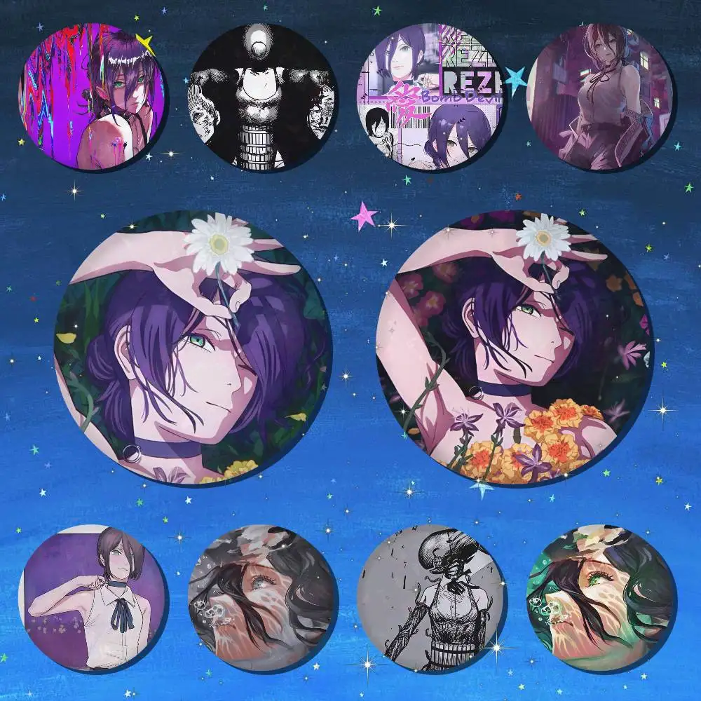 Anime Chainsaw Man Reze 75x75 25x25 mm Cartoon Runde Broschen auf Rucksack, Hemd, Accessoires, Schmuck, Abzeichen, Geschenk für Freunde