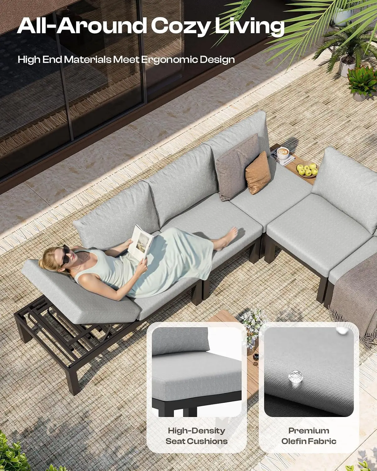 Aluminum Patio Sectional Sofa 4-Seat Modular Adjustable Backrest Removable Cushion All-Weather Garden Yard, Customized