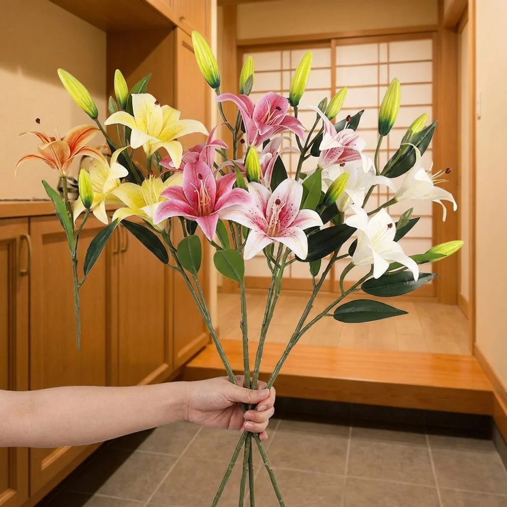 

80cm Artificial Flower Branch Real Touch Plastic Silk Lilium Brownii Flower Elegant Handmade Fake Flowers Outdoor Garden Decor