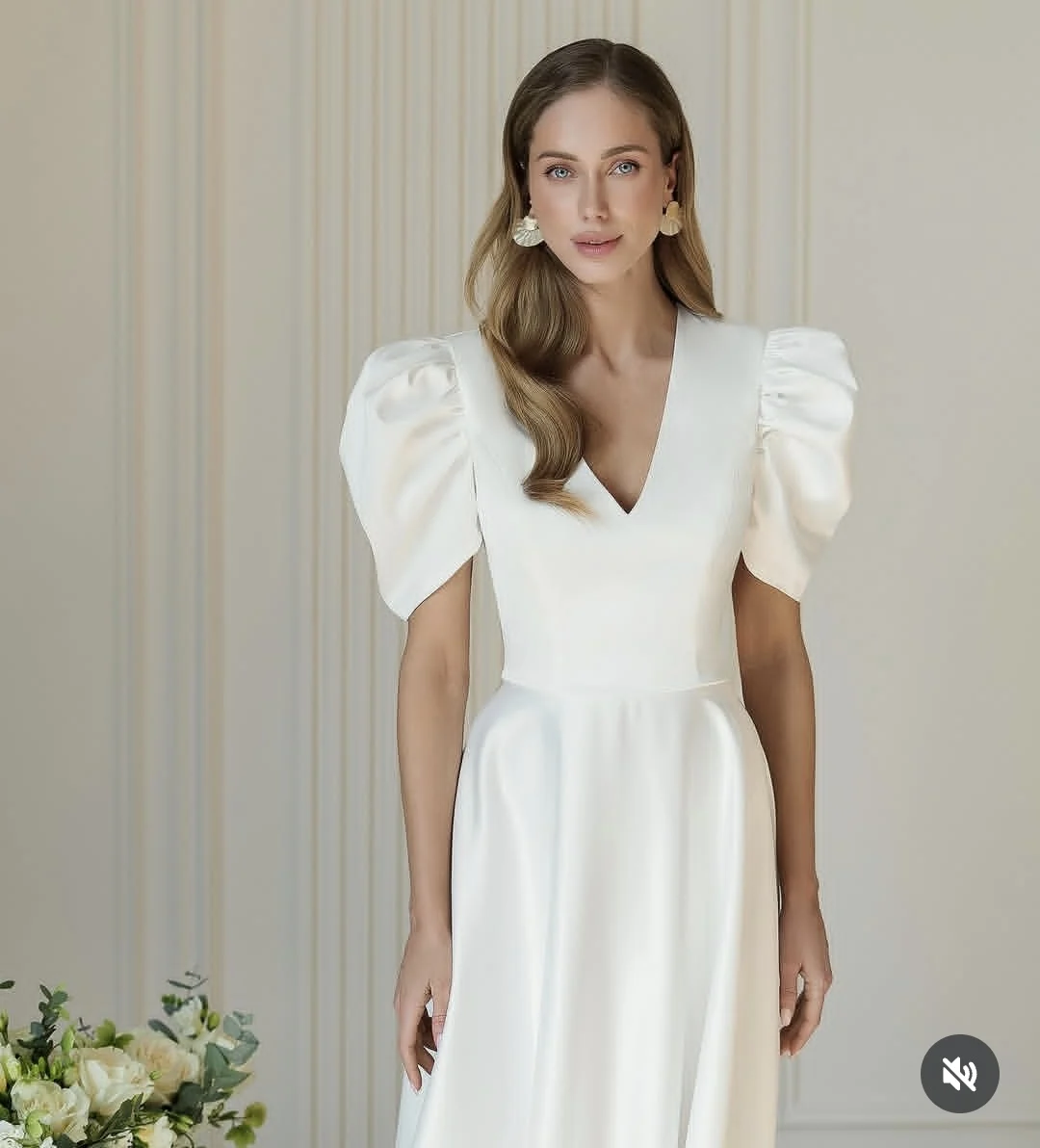 Wedding Dress 2025 Customize To Measures Short Sleeve V_neck Ankle Length Satin Elegant For Women vestidos de novia Pleat Robe