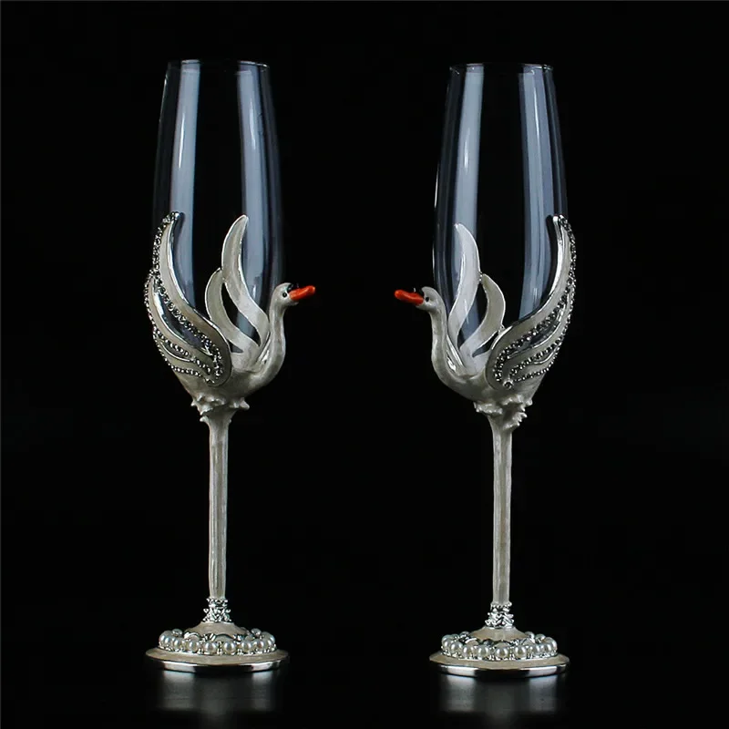 2Pcs Creative Swan Enamel Champagne Glass Crystal Wedding Toasting Wine Glasses Goblet Party Decoration Cups With Gift Box