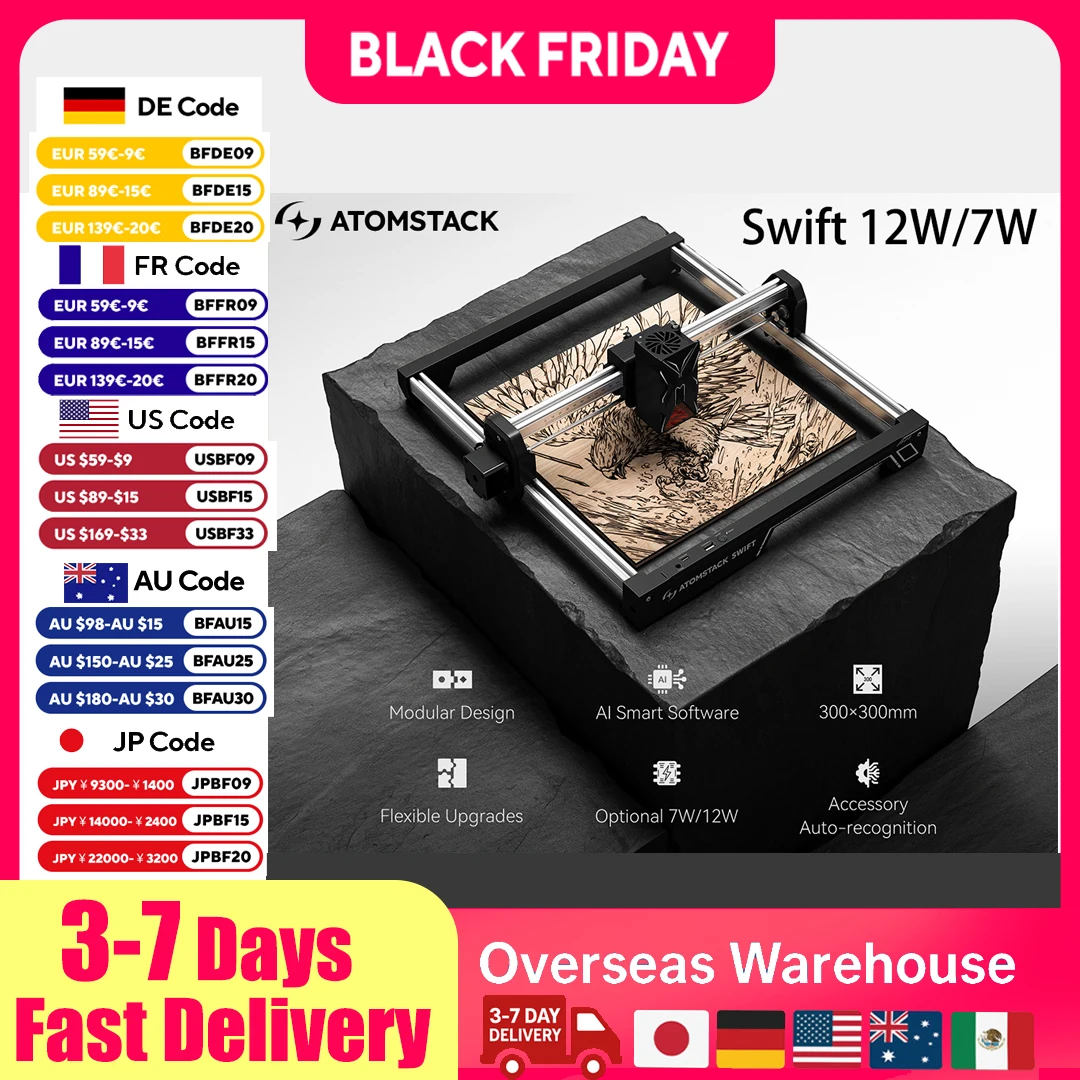 

ATOMSTACK SWIFT 12W 7W Laser Engraver Crosshair Positioning Wood working Tools Diy Dog tags Acrylic Metal 300*300mm