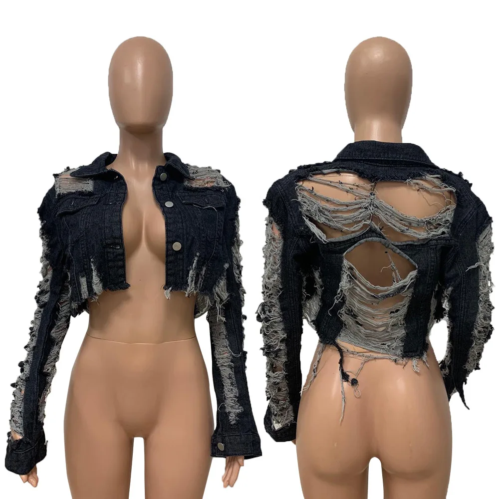 

New Women's Denim Coat Cut Out Mini Sexy Cardigan Hole Long Sleeve Denim Short Jacket