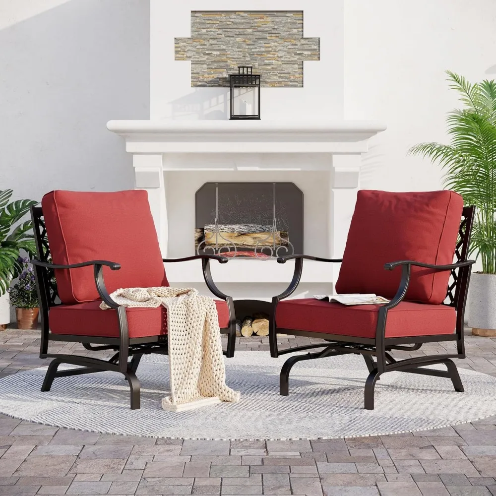 

Металлические стулья-качалки для улицы, набор из 2 стульев-качалок с очень толстой подушкой 5,75 дюйма, 2-х предметные стулья-качалки для патио с высокой спинкой, всепогодные