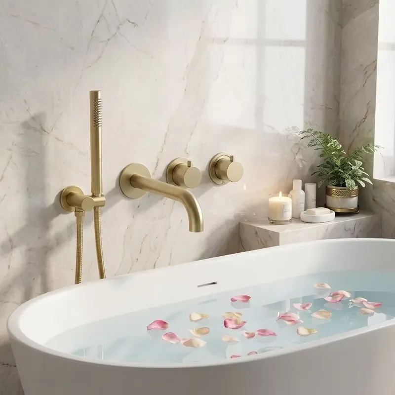 Modern Gold Wall Mounted Bathtub Faucet Set Concealed Bath Shower Mixer with Hand Shower Tub Spout Bathroom Fixture