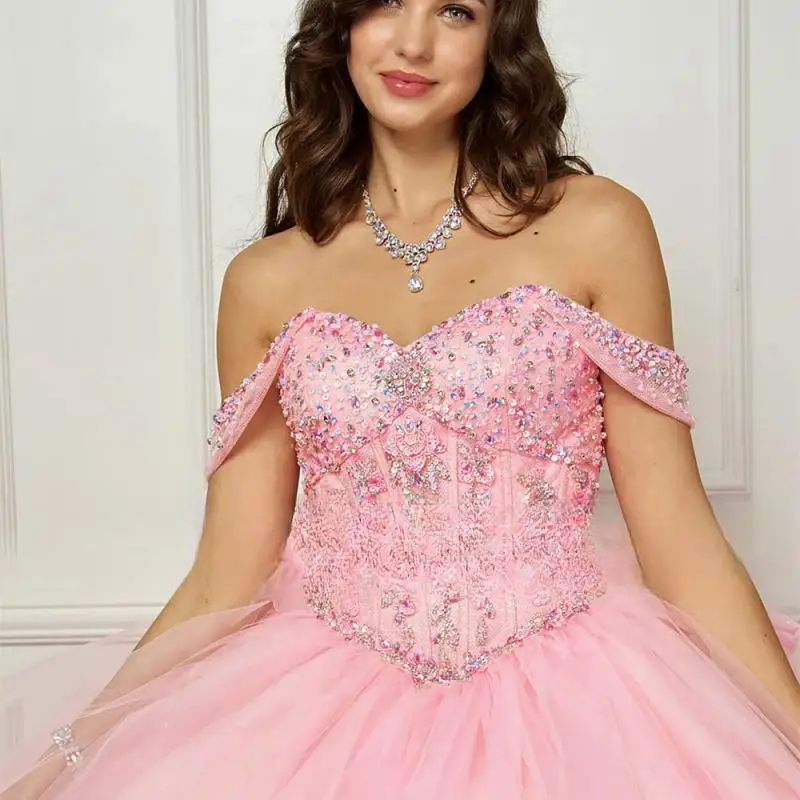 ที่กําหนดเองSky Blueเจ้าหญิงคริสตัลLayered Bow 15 Quinceanera Ball Gownปิดไหล่Applique CourtรถไฟVestido De