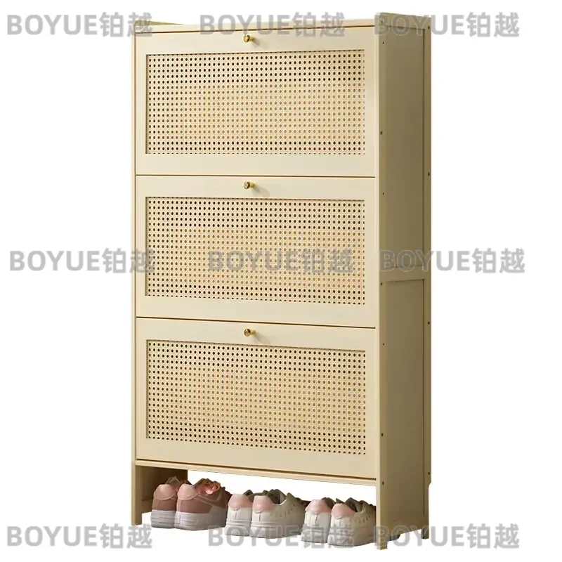 Cream Style Multi Layer Bamboo Wood Shoe Cabinet Dust Proof Narrow Wall Mounted Flip Storage Rack for Entryway Home