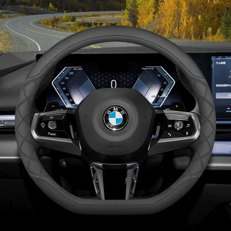 Suitable for BMW F30 F40 G80 F36 F10 F48 F39 G01 G02 G45 G05 G06 G07 steering wheel cover 37-38cm two-color leather Auto Decor