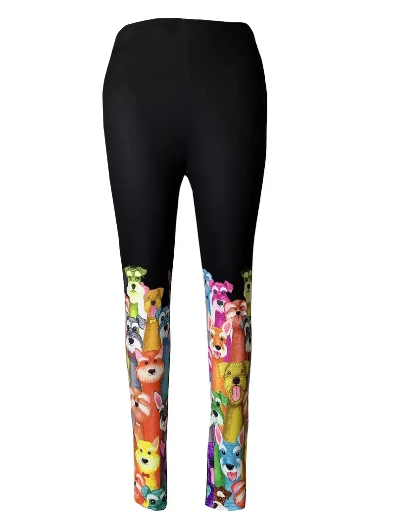 Cute Dog Print Skinny Leggings, Casual Elastic Waist Stretchy Leggings, Women\'s Clothing