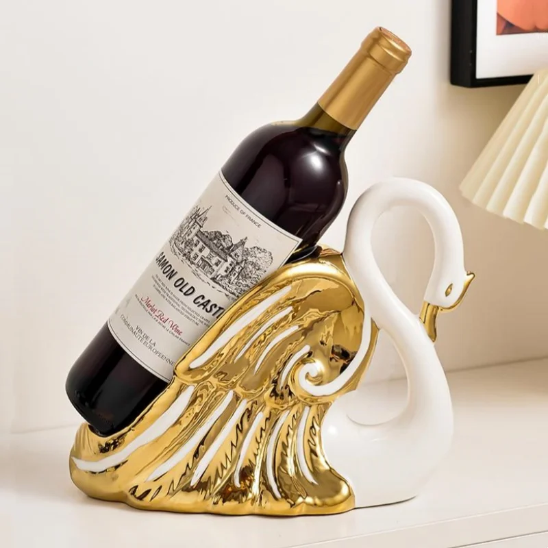 Ceramic Crafts Wine Racks Bottle Storage Container Golden Swan Porcelain Animal Sculptures Home Decoration Accessories