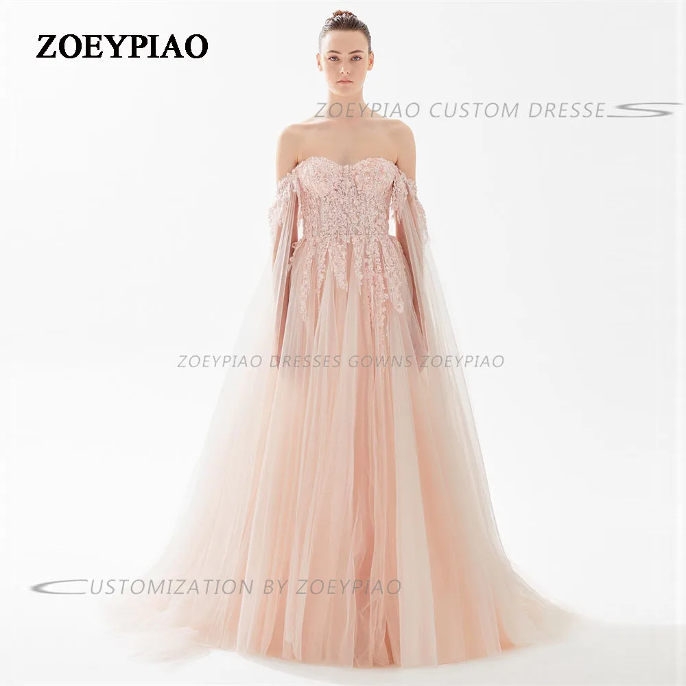 Vestido de noite rosa nu personalizado com apliques para mulheres, vestido de festa fora do ombro, querido Tulle