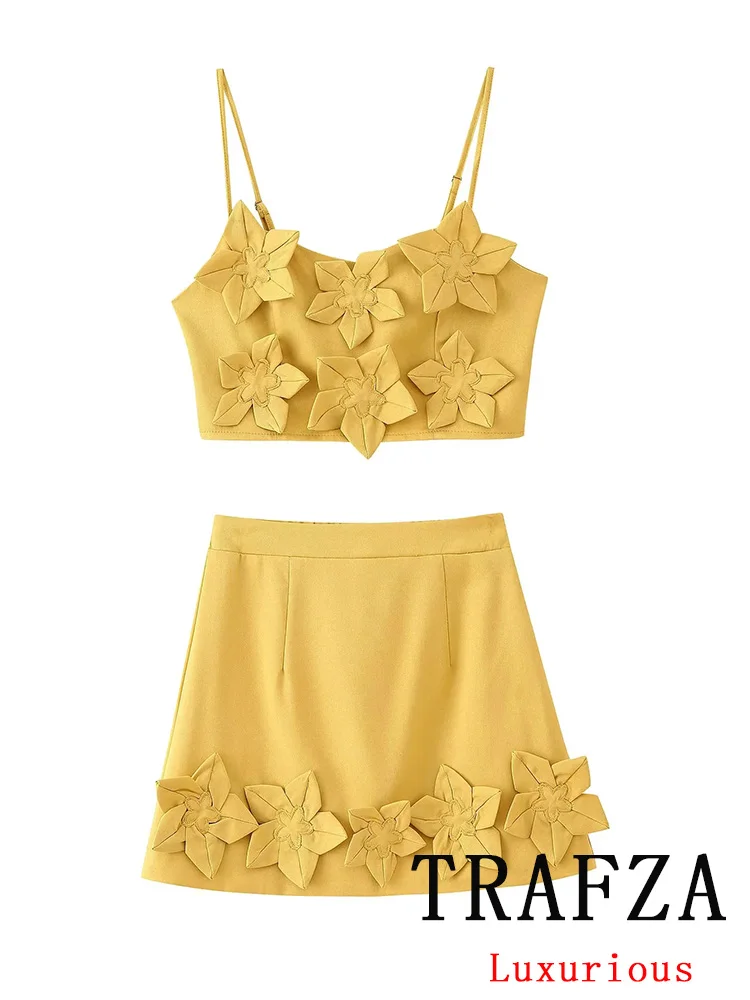 

TRAFZA Sexy Women Yellow Solid Suit Cami Flower Zipper Short Slim Tops Elastic Waist Short Skirt Fashion 2025 Summer Sets