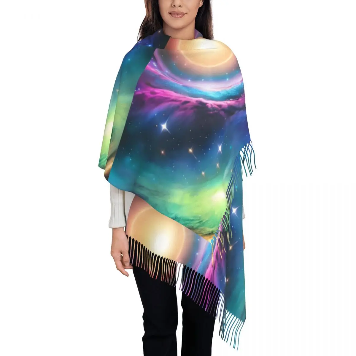 Galaxy Ocean Scarf Unisex Colorful Print Head Scarves with Long Tassel Autumn Luxury 2024 Shawls and Wrap Warm Bufanda Mujer