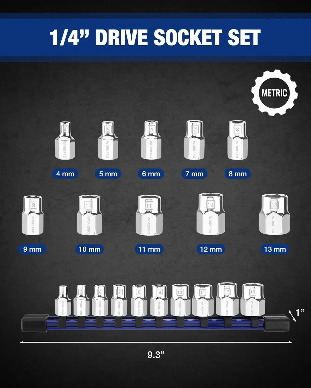 Conjunto de soquete métrico de unidade de 1/4', 10 peças de 6 pontos, 4-13 mm, com organizador e trilho de soquete