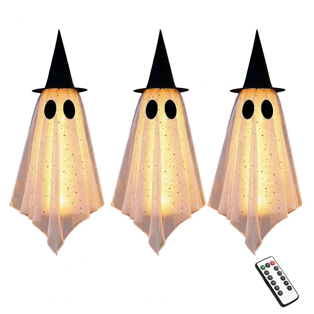 Spooky Yard Tree Hanging Ornaments 3 Pcs Halloween Hanging Ghost Decorations Spooky Mesh Ghosts with Witch Hats for Outdoor