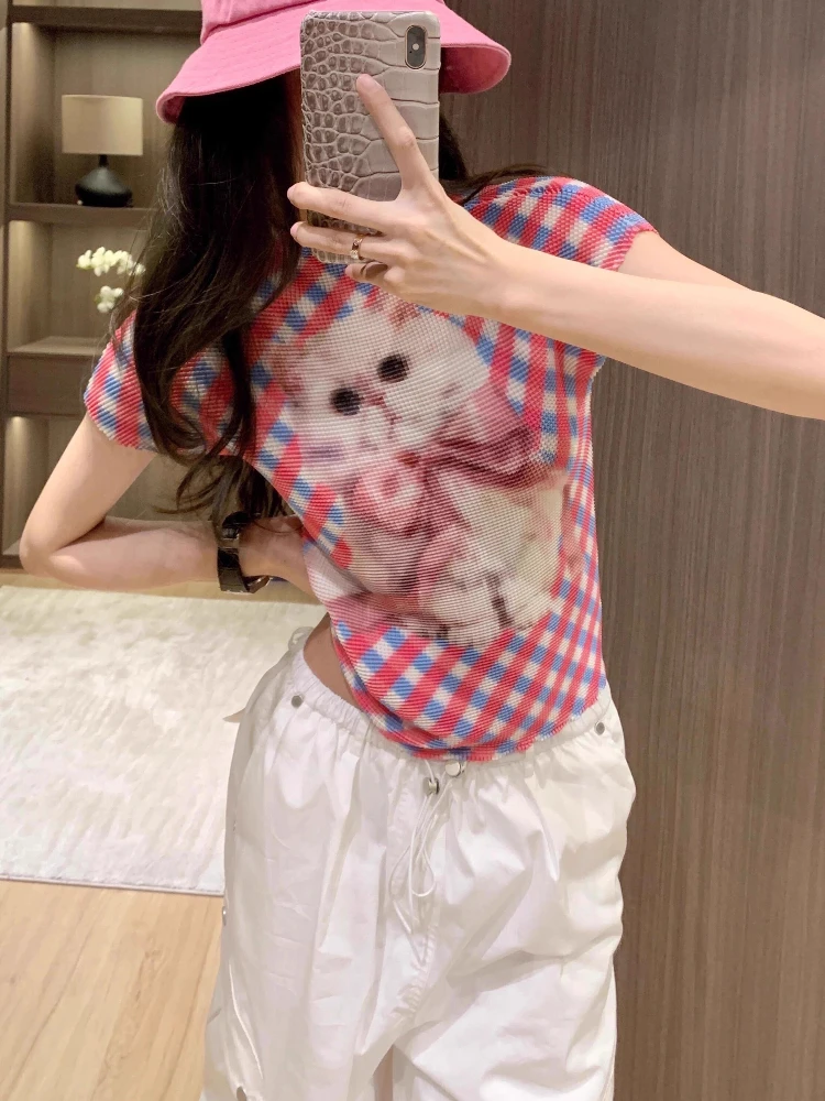 Damskie obcisłe T-shirty z krótkim rękawem, urocze różowe koszulki z nadrukiem kotów, elastyczne crop topy, Goblin Core, kokieteryjne Gyaru Aesthetic Y2K z lat 2000.