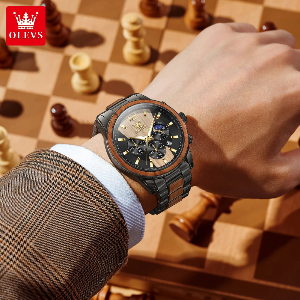 OLEVS 3645 Business Luxury Men's Wristwatch Original Wooden Luminous Chronograph Moon Phase Calendar Quartz Man Watch