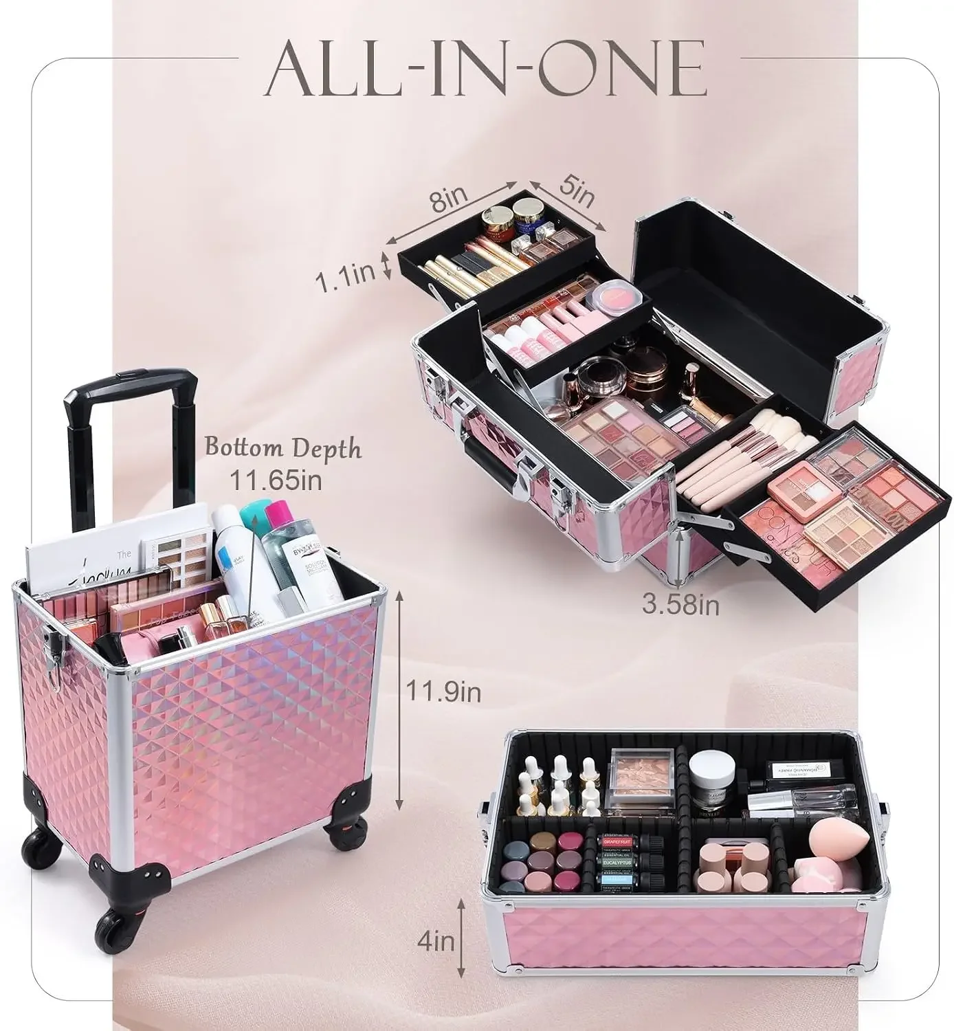 3 in 1 Professional Rolling Makeup Train Case Aluminum Trolley Case with 360° Rotation Wheels for Makuep Artist Cosmetic