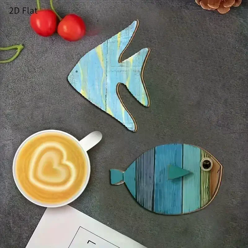 6pcs/set 2D Fish-Shaped Wooden Coasters Anti-skidding Heat-Resistant Beach-Themed Kitchen Decoration Maritime Style Coffee Shop